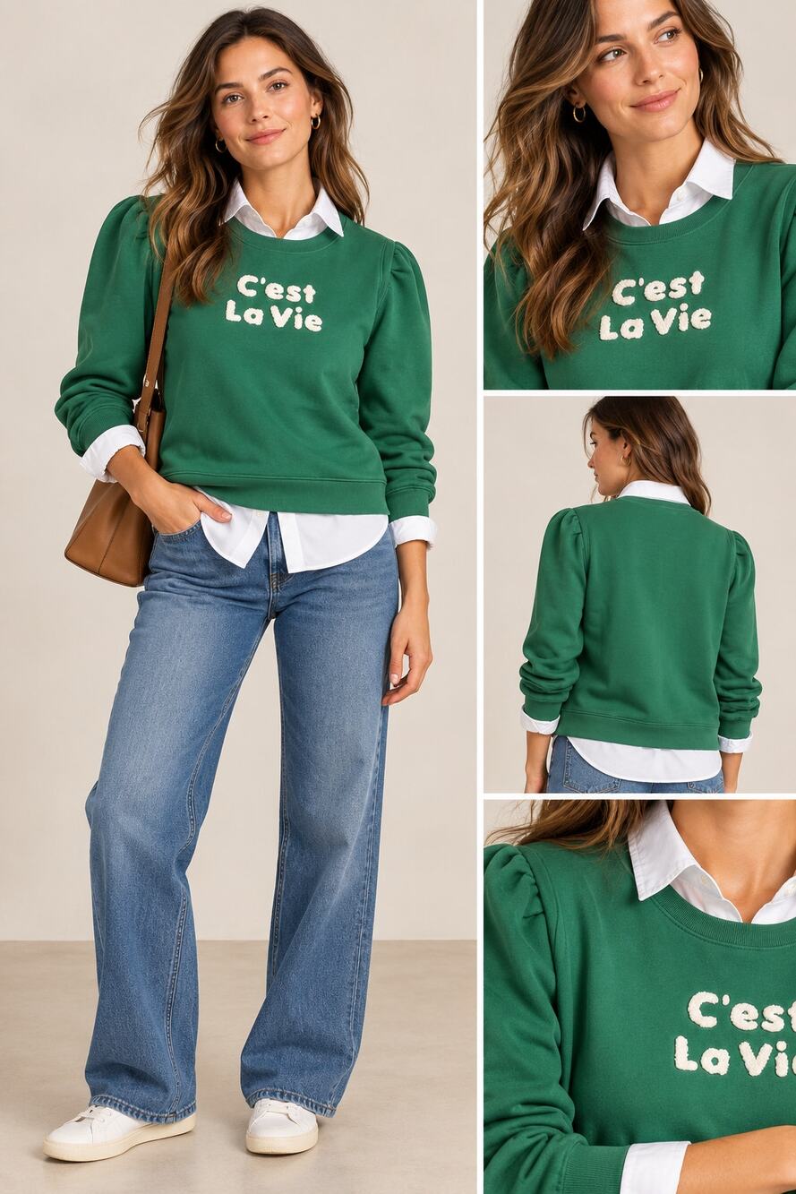 Talbots C'est La Vie Green Puff Sleeve Sweatshirt Small Petite French Preppy